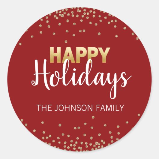 RED Gold Glitzer Confetti Xmas Happy FERIEN Runder Aufkleber (Vorderseite)