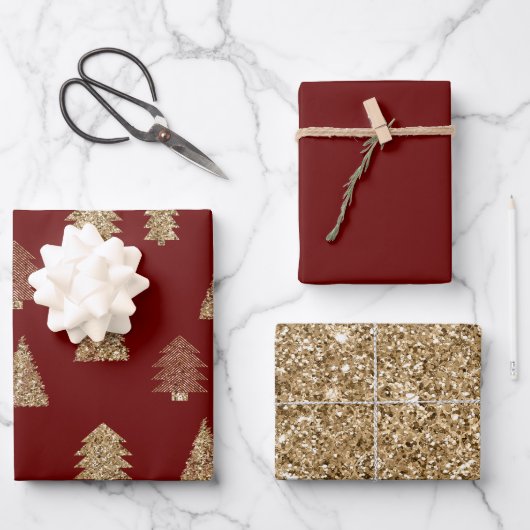 Red Gold Glitzer Glam Weihnachtsbaumen Geschenkpapier Set (Vorderseite)