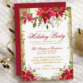 Red Gold Glitzer Holiday Party Poinsettia Floral Einladung