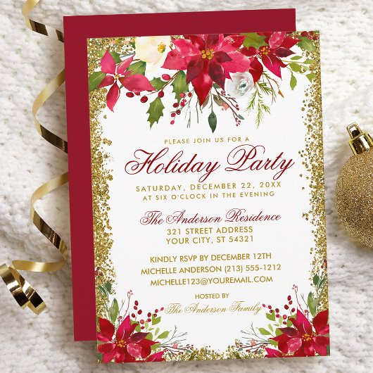 Red Gold Glitzer Holiday Party Poinsettia Floral Einladung