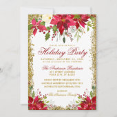 Red Gold Glitzer Holiday Party Poinsettia Floral Einladung (Vorderseite)