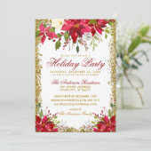 Red Gold Glitzer Holiday Party Poinsettia Floral Einladung (Stehend Vorderseite)