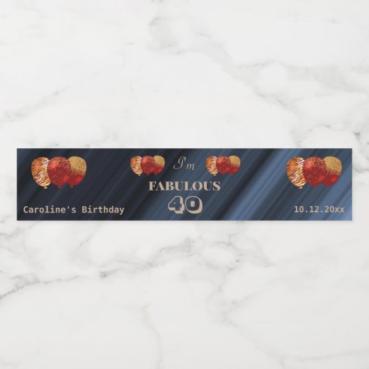 Red Gold & Glitzer Red Balloons Fabulous 40. Wasserflaschenetikett (Einzelnes Label)