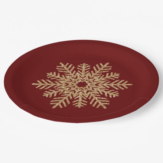 Red Gold Glitzer Snowflake Pappteller (Schrägansicht)