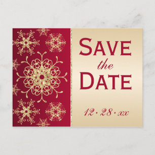 Red Gold Glitzer Snowflakes Save the Date Postkart Ankündigungspostkarte