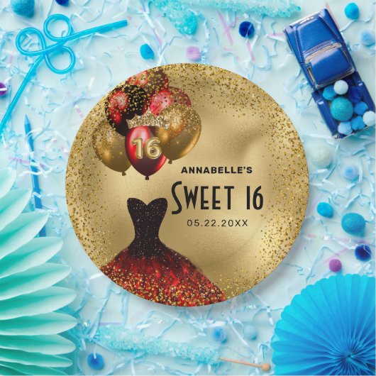 Red Gold Glitzer Sweet 16 Pappteller (Party)