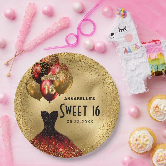 Red Gold Glitzer Sweet 16 Pappteller (Party)