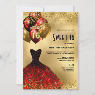 Red Gold Glitzer Tiara Dress Sweet 16 Geburtstag Einladung