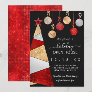 Red Gold Glitzer Treatments Ornaments Holiday Open Einladung
