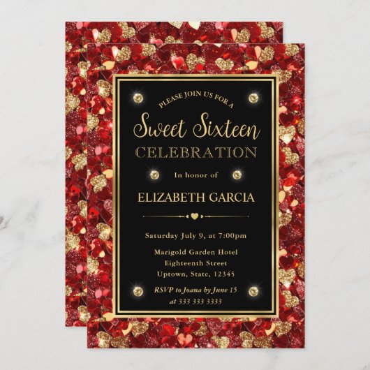 Red & Gold Glitzer Valentine Hearts 16 . Geburtsta Einladung (Vorne/Hinten)