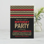 Red & Gold Glitzer Zickzack Geburtstagsparty Einladung (Stehend Vorderseite)