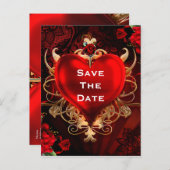 Red & Gold Gothic Liebe Heart Wedding Save the Dat Ankündigungspostkarte (Vorne/Hinten)