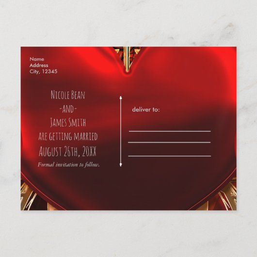 Red & Gold Gothic Liebe Heart Wedding Save the Dat Ankündigungspostkarte (Rückseite)