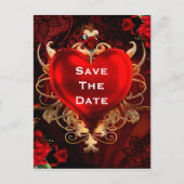 Red & Gold Gothic Liebe Heart Wedding Save the Dat Ankündigungspostkarte (Vorderseite)