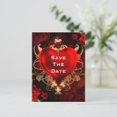 Red & Gold Gothic Liebe Heart Wedding Save the Dat Ankündigungspostkarte (Stehend Vorderseite)