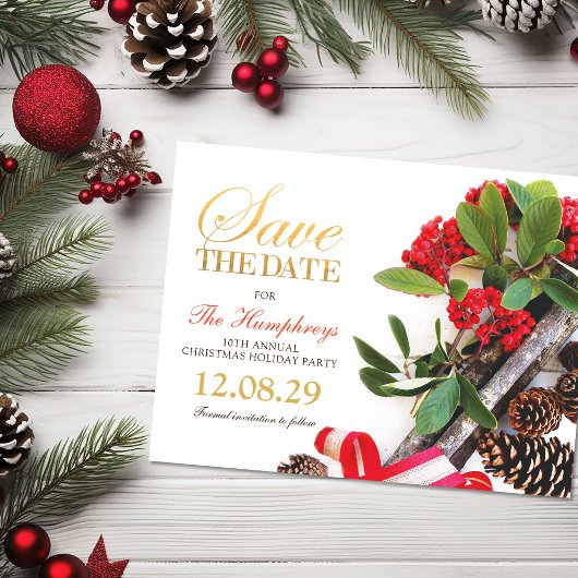 Red Gold Green Christmas Party Save the Date Ankündigungspostkarte
