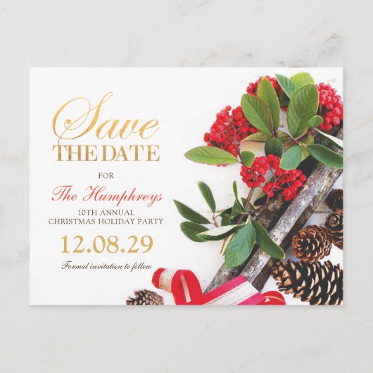 Red Gold Green Christmas Party Save the Date Ankündigungspostkarte (Vorderseite)