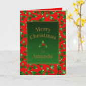 Red Gold Green Holly Berry Pattern - Personalisier Karte (Gelbe Blume)