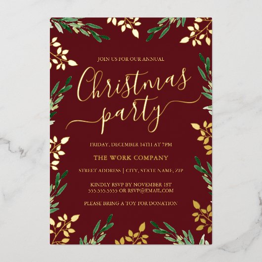 Red Gold Green Leaf Corporate Christmas Party Folieneinladung (Vorderseite)