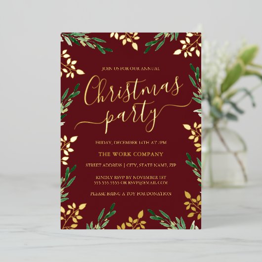 Red Gold Green Leaf Corporate Christmas Party Folieneinladung (Stehend vorne)