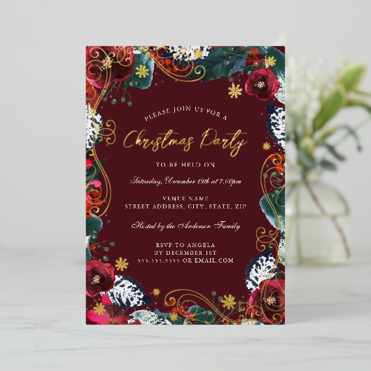 Red Gold Green White Floral Swirt Weihnachtsfest P Folieneinladung (Stehend vorne)