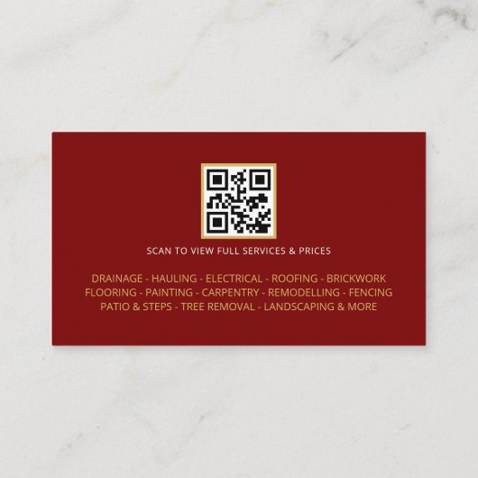 Red Gold Handyman Repair & Maintenance QR Code Visitenkarte (Rückseite)