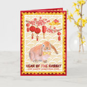 Red Gold Happy Lunar Neujahr des Kaninchen-Fotos Karte (Gelbe Blume)