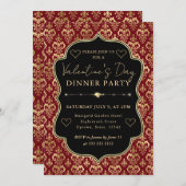 Red & Gold Heart Damask Valentine's Dinner Party Einladung (Vorne/Hinten)