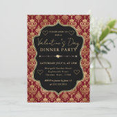 Red & Gold Heart Damask Valentine's Dinner Party Einladung (Stehend Vorderseite)