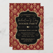 Red & Gold Heart Damask Valentine's Dinner Party Einladung (Vorne/Hinten)
