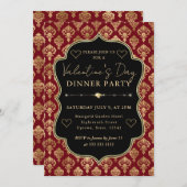 Red & Gold Heart Damask Valentine's Dinner Party Einladung (Vorne/Hinten)