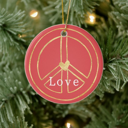 Red Gold Heart Peace Sign Love Christmas Keramik Ornament (Baum)
