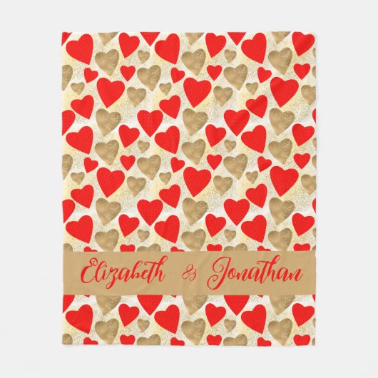 Red & Gold Hearts Muster Couple Names Valentine Fleecedecke (Vorderseite)