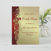 Red & Gold Hearts & Scrolls Brautparty Einladung (Stehend Vorderseite)