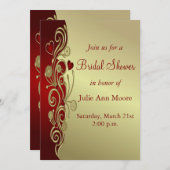 Red & Gold Hearts & Scrolls Brautparty Einladung (Vorne/Hinten)