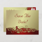 Red & Gold Hearts & Scrolls Save the Date Ankündigungspostkarte (Vorne/Hinten)