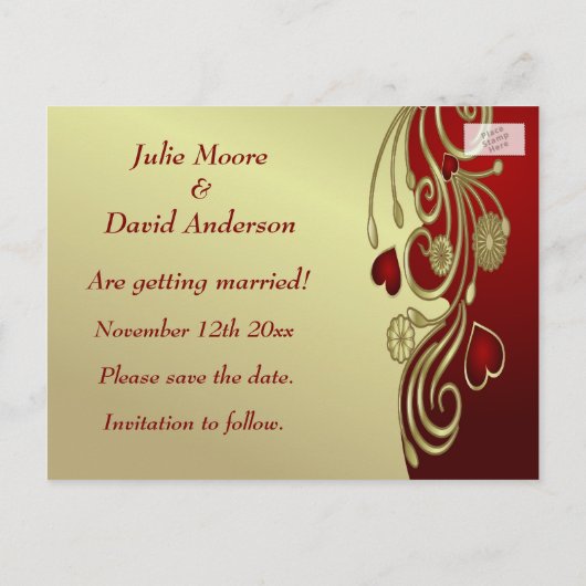 Red & Gold Hearts & Scrolls Save the Date Ankündigungspostkarte (Rückseite)