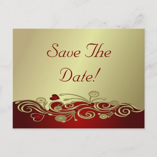 Red & Gold Hearts & Scrolls Save the Date Ankündigungspostkarte (Vorderseite)