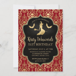 Red Gold Hexe and Skulls Damask 21. Geburtstag Einladung