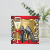 Red Gold High Heels Zebra Champagne Geburtstagspar Einladung (Stehend Vorderseite)