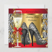 Red Gold High Heels Zebra Champagne Geburtstagspar Einladung (Vorderseite)
