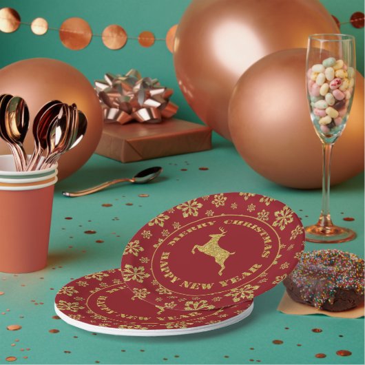 Red Gold Holiday Snowflake Rentier Pappteller (Multi)