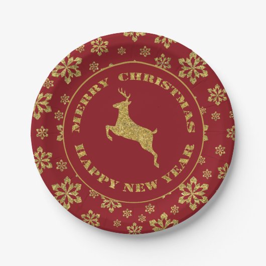 Red Gold Holiday Snowflake Rentier Pappteller (Vorderseite)