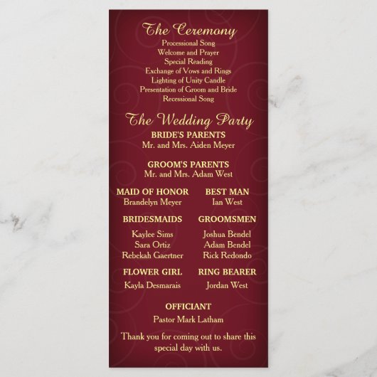 Red Gold Holiday Snowflakes Hochzeitsprogramm Programm (Rückseite)