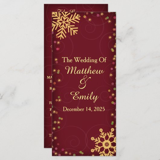 Red Gold Holiday Snowflakes Hochzeitsprogramm Programm (Vorne/Hinten)