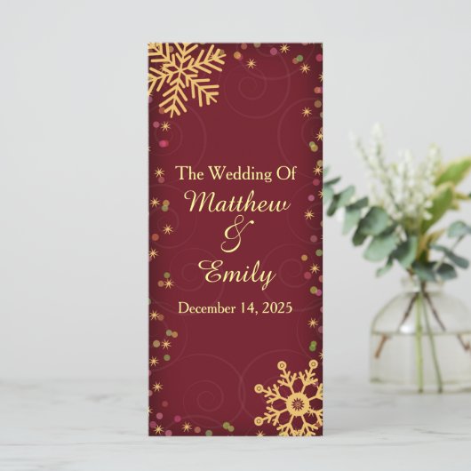 Red Gold Holiday Snowflakes Hochzeitsprogramm Programm (Stehend Vorderseite)
