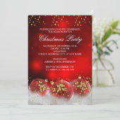 Red Gold Holly Baubles Weihnachtsfeier Einladung (Stehend Vorderseite)