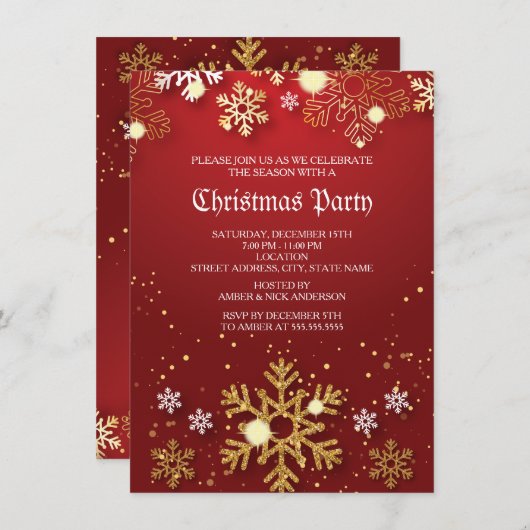 Red Gold Holly Baubles Weihnachtsfeier Einladung (Vorne/Hinten)