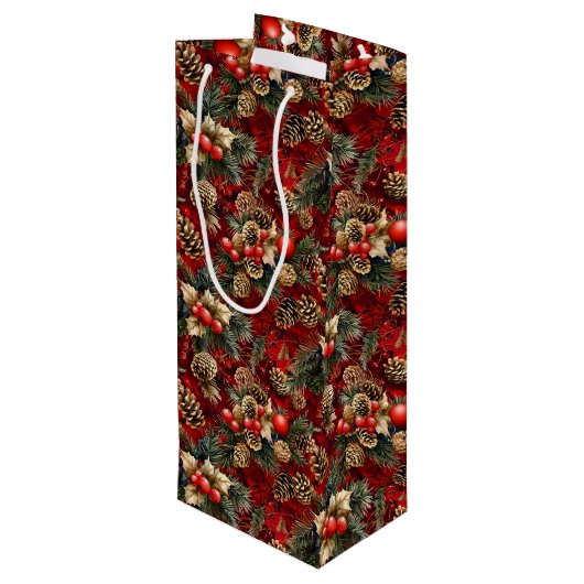 Red Gold Holly Berries Pine Cones Geschenktüte Für Weinflaschen (Rückseite Schrägansicht)