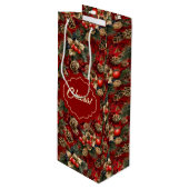 Red Gold Holly Berries Pine Cones Geschenktüte Für Weinflaschen (Vorderseite Schrägansicht)